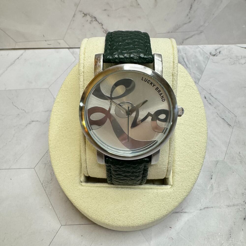 Lucky Brand LOVE Watch Silver Tone Case Green Leather Band Y121E Peace & Love
